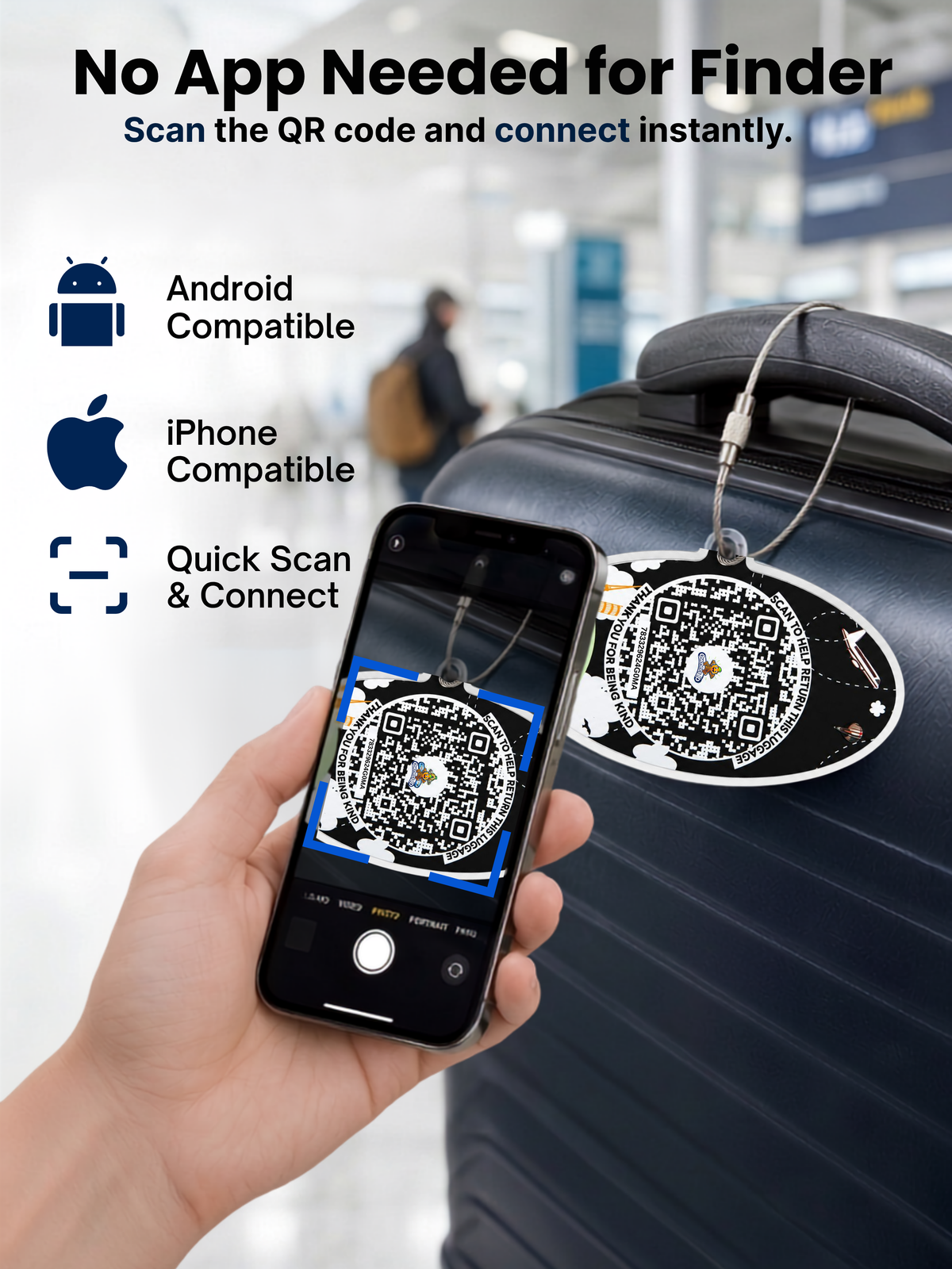 Smart Luggage Tag with QR Owner ID | Supports Global Lost & Found Recovery – Travel Themed - Black (Pack of 2)