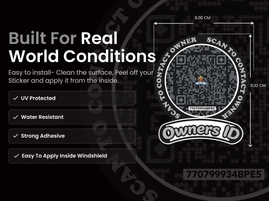 Smart Owners ID QR Car Sticker - Stealth Design (Inside Windshield) | Double-Sided QR Code | Scan to Contact Owner Without Phone Number | Emergency Contact & Vehicle Info Tag