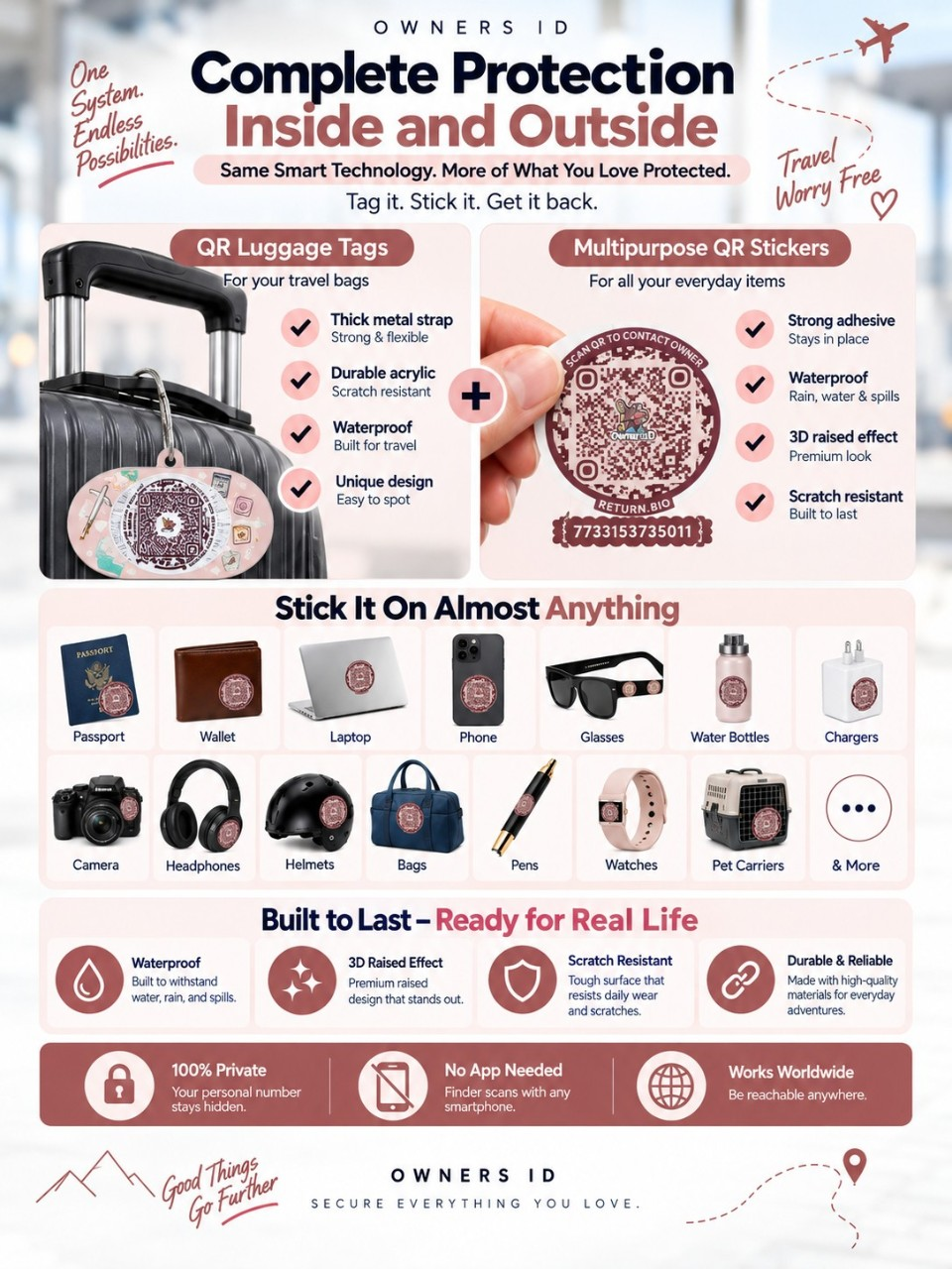 Travel Protection Combo (Solo) - Peach Luggage Tag + 8 Identical Multipurpose Sticker