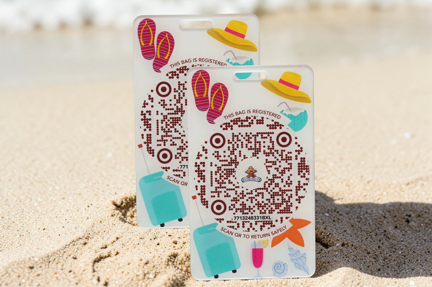 Owners ID Private Limited brown acrylic luggage tag with QR code, flip flops, hat, suitcase, and cocktail graphics.