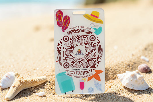 Owners ID Private Limited brown acrylic luggage tag with QR code, featuring travel icons like flip-flops and a suitcase.
