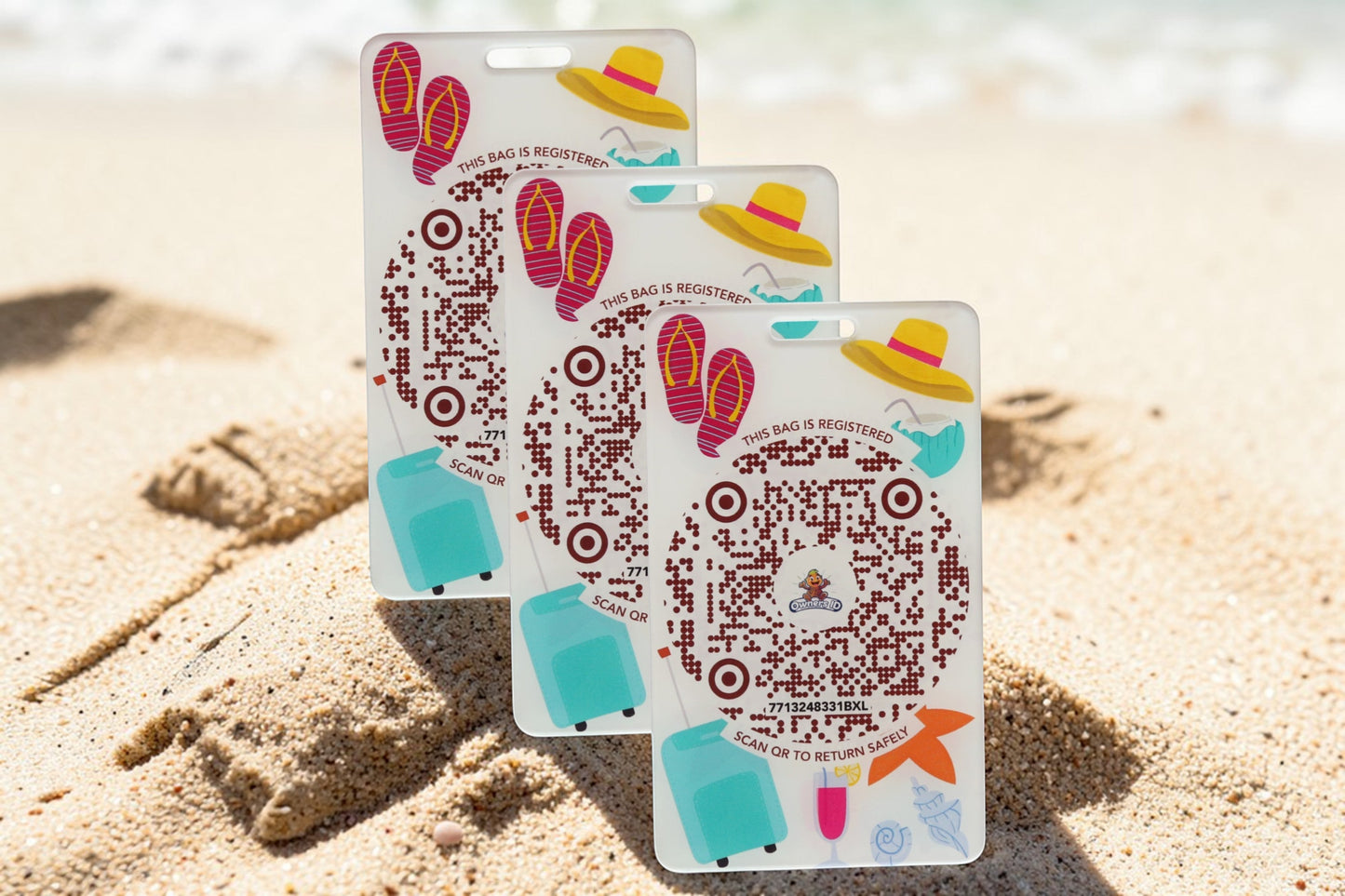Owners ID Private Limited brown acrylic luggage tag with QR code, flip-flops, straw hat, and suitcase graphic.
