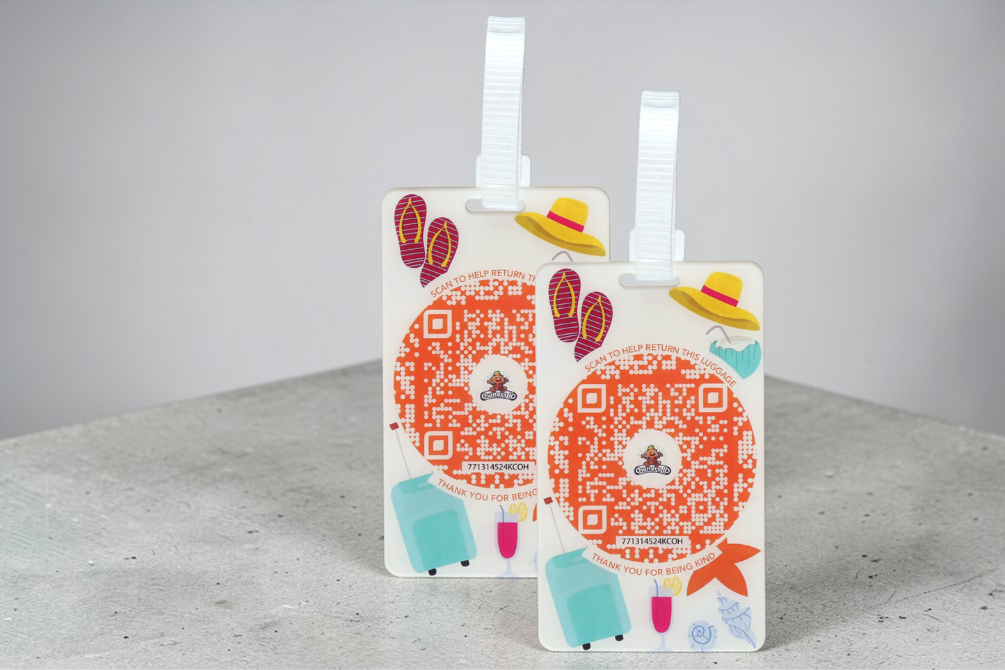 Owners ID Private Limited orange acrylic luggage tag with QR code, flip-flops, hat, and suitcase graphic.