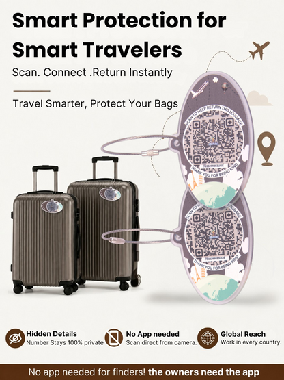 Smart Luggage Tag with QR Owner ID | Supports Global Lost & Found Recovery – Travel Themed - Brown (Pack of 2)
