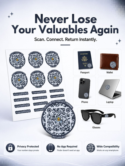 Charcoal Grey | Global Lost & Found recovery Smart QR stickers for every day essentials like Laptops, Phones, Wallets, Passport (Pack Of 8)