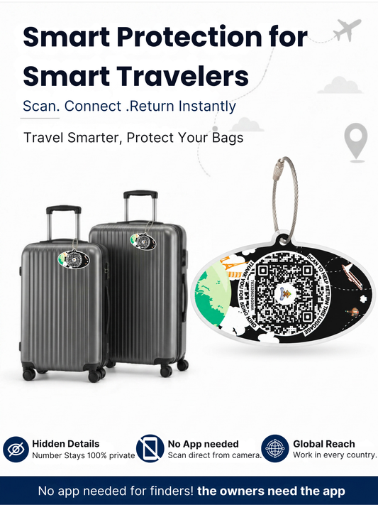 Smart Luggage Tag with QR Owner ID | Supports Global Lost & Found Recovery – Travel Themed - Black  (Pack of 2)