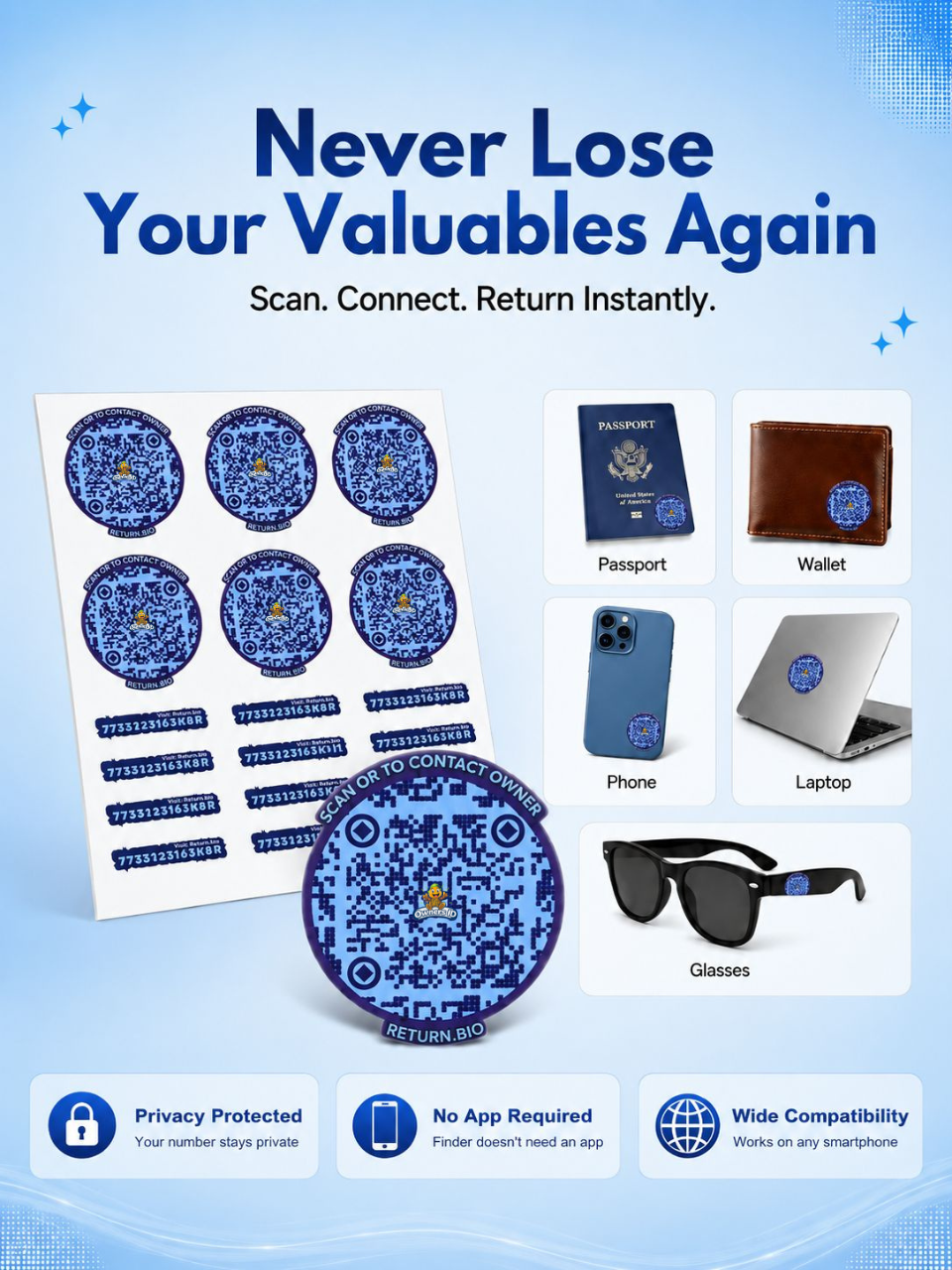 Blue Berry | Global Lost & Found recovery Smart QR stickers for every day essentials like Laptops, Phones, Wallets, Passport (Pack Of 8)