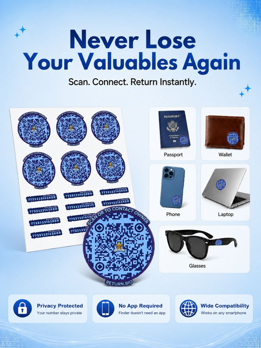 Global Lost & Found recovery Smart QR stickers for every day essentials like Laptops, Phones, Wallets, Passport (Pack Of 8)