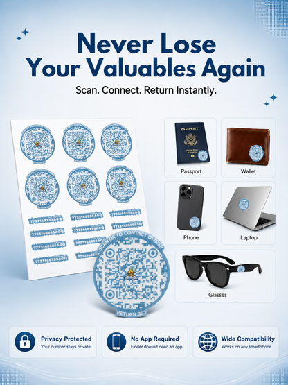 Green | Global Lost & Found recovery Smart QR stickers for every day essentials like Laptops, Phones, Wallets, Passport (Pack Of 8)