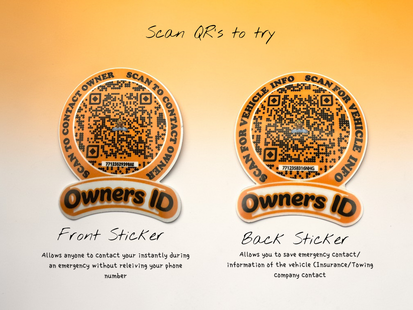 Smart Owners ID QR Car Sticker - Playful Design - Orange (Inside Windshield) | Double-Sided QR Code | Scan to Contact Owner Without Phone Number | Emergency Contact & Vehicle Info Tag