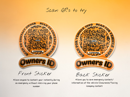 Smart Owners ID QR Car Sticker - Playful Design - Orange (Inside Windshield) | Double-Sided QR Code | Scan to Contact Owner Without Phone Number | Emergency Contact & Vehicle Info Tag