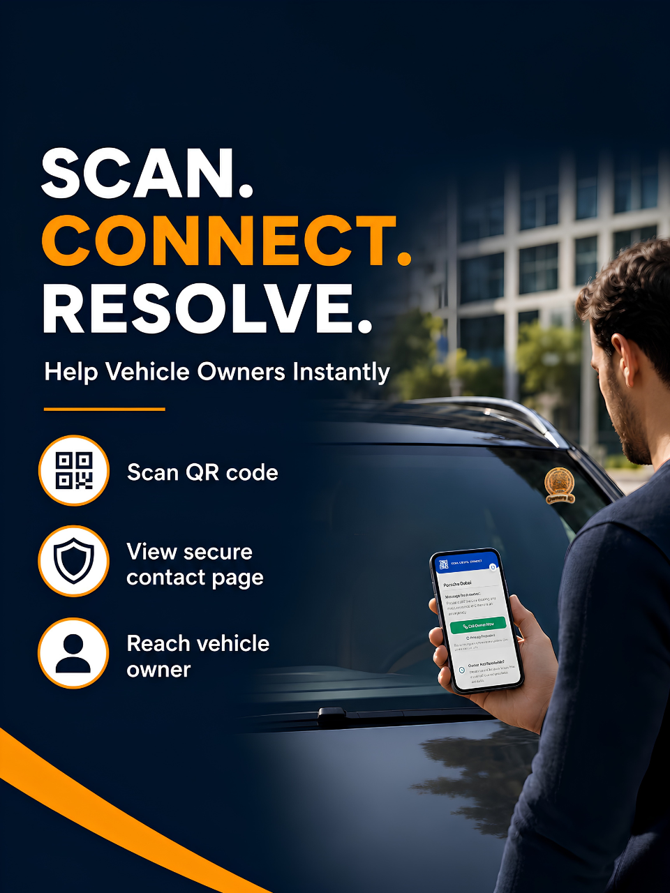 Smart Owners ID QR Car Sticker - Playful Design - Orange (Inside Windshield) | Double-Sided QR Code | Scan to Contact Owner Without Phone Number | Emergency Contact & Vehicle Info Tag