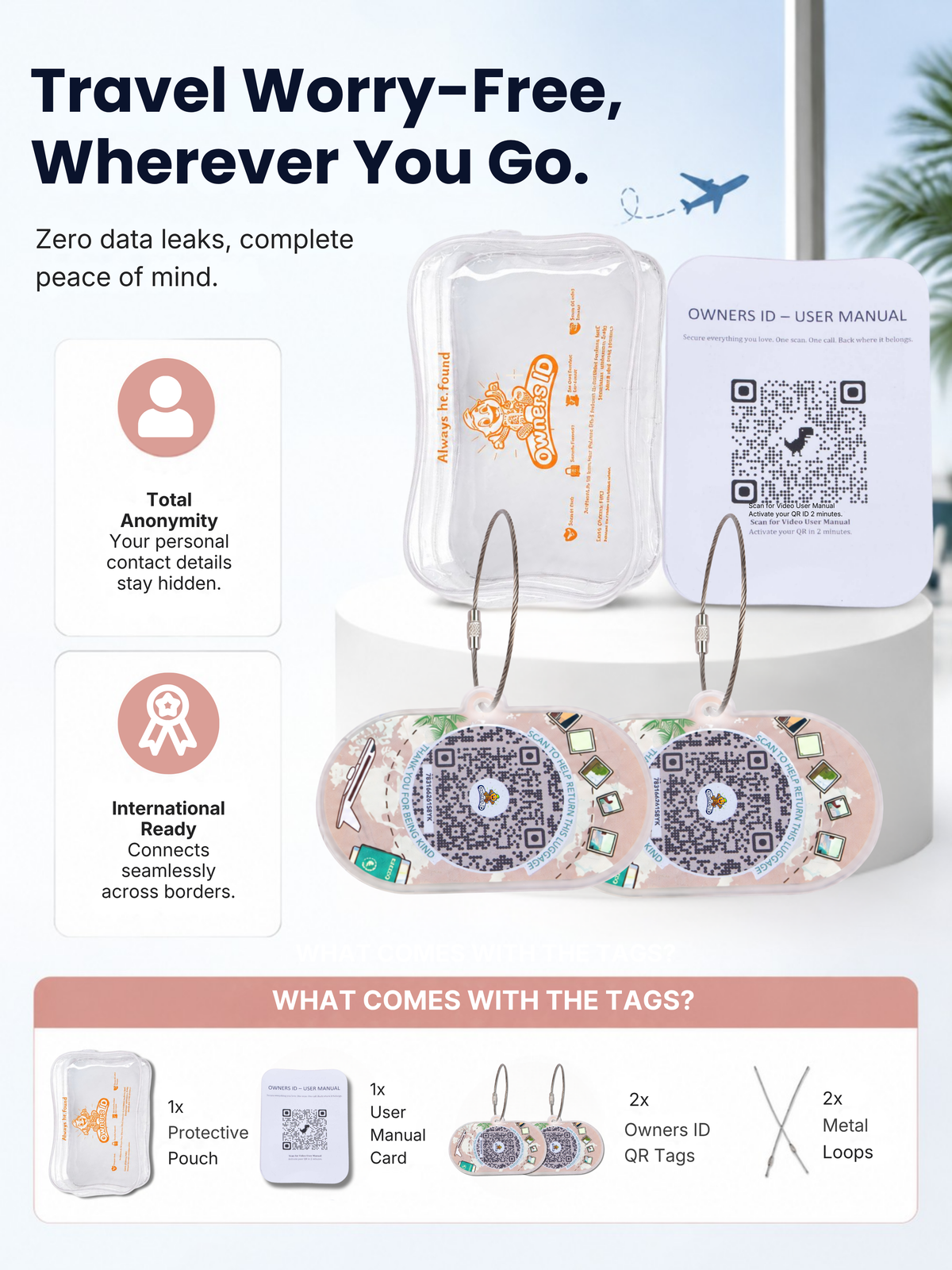 Smart Luggage Tag with QR Owners ID | Supports Global Lost & Found Recovery – Holiday Themed Peach (Pack of 2)