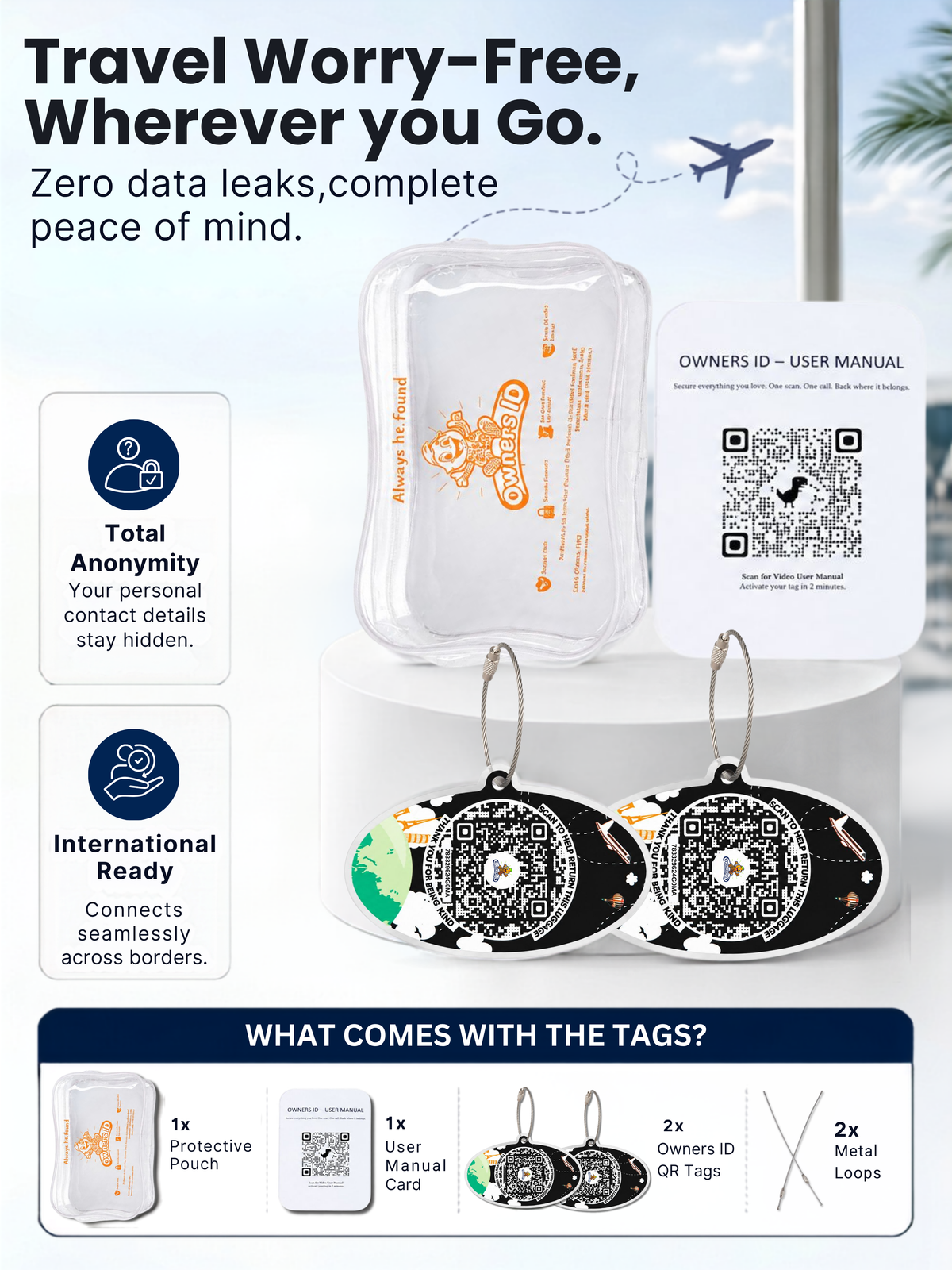 Smart Luggage Tag with QR Owner ID | Supports Global Lost & Found Recovery – Travel Themed - Black  (Pack of 2)