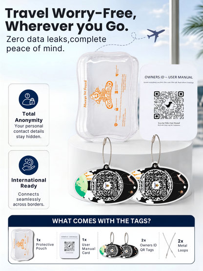 Smart Luggage Tag with QR Owner ID | Supports Global Lost & Found Recovery – Travel Themed - Black  (Pack of 2)