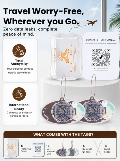 Smart Luggage Tag with QR Owner ID | Supports Global Lost & Found Recovery – Travel Themed - Brown (Pack of 2)