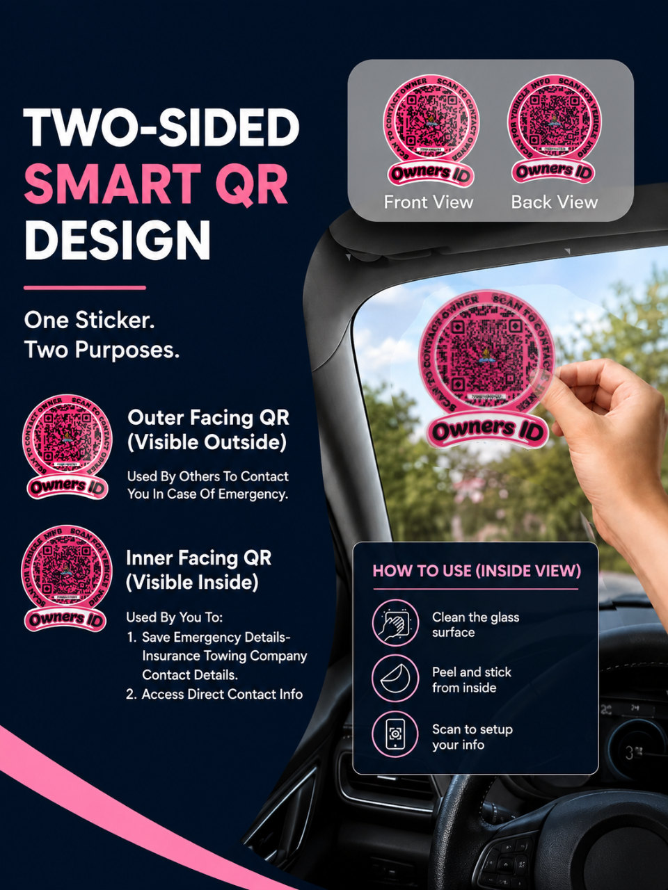 Smart Owners ID QR Car Sticker - Expression Design - Pink (Inside Windshield) | Double-Sided QR Code | Scan to Contact Owner Without Phone Number | Emergency Contact & Vehicle Info Tag