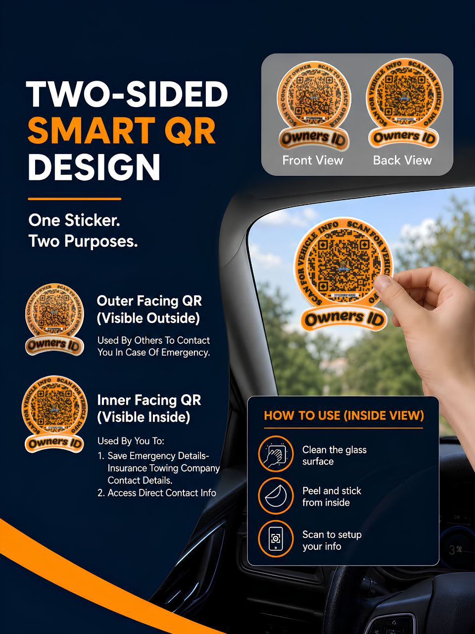 Smart Owners ID QR Car Sticker - Playful Design - Orange (Inside Windshield) | Double-Sided QR Code | Scan to Contact Owner Without Phone Number | Emergency Contact & Vehicle Info Tag