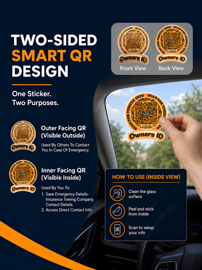 Smart Owners ID QR Car Sticker - Playful Design - Orange (Inside Windshield) | Double-Sided QR Code | Scan to Contact Owner Without Phone Number | Emergency Contact & Vehicle Info Tag