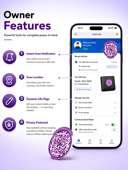 Smart QR Contact Permanent stickers to protect all your valuables like Passport, Electronics, Phones, Wallets (Pack of 8) | Supports Global Lost & Found Recovery