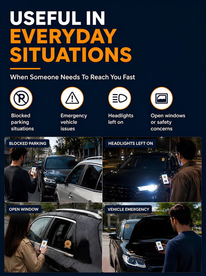 Smart Owners ID QR Car Sticker - Playful Design - Orange (Inside Windshield) | Double-Sided QR Code | Scan to Contact Owner Without Phone Number | Emergency Contact & Vehicle Info Tag