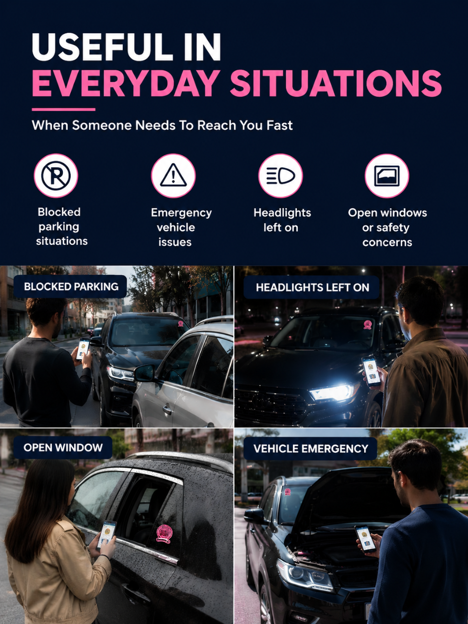 Smart Owners ID QR Car Sticker - Expression Design - Pink (Inside Windshield) | Double-Sided QR Code | Scan to Contact Owner Without Phone Number | Emergency Contact & Vehicle Info Tag