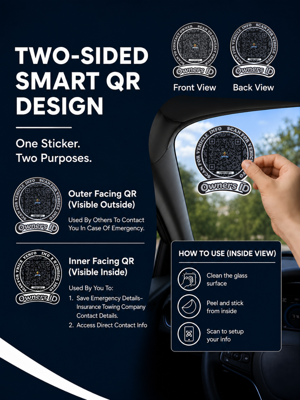 Smart Owners ID QR Car Sticker - Stealth Design (Inside Windshield) | Double-Sided QR Code | Scan to Contact Owner Without Phone Number | Emergency Contact number Sticker & Vehicle Info Tag