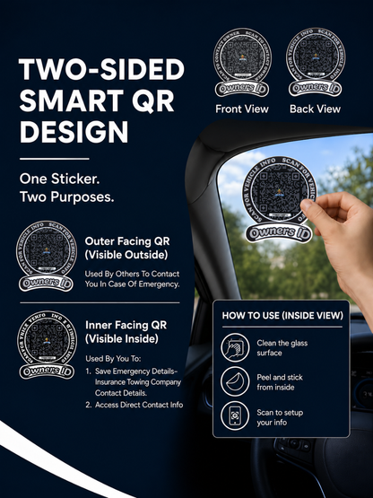Smart Owners ID QR Car Sticker - Stealth Design (Inside Windshield) | Double-Sided QR Code | Scan to Contact Owner Without Phone Number | Emergency Contact number Sticker & Vehicle Info Tag