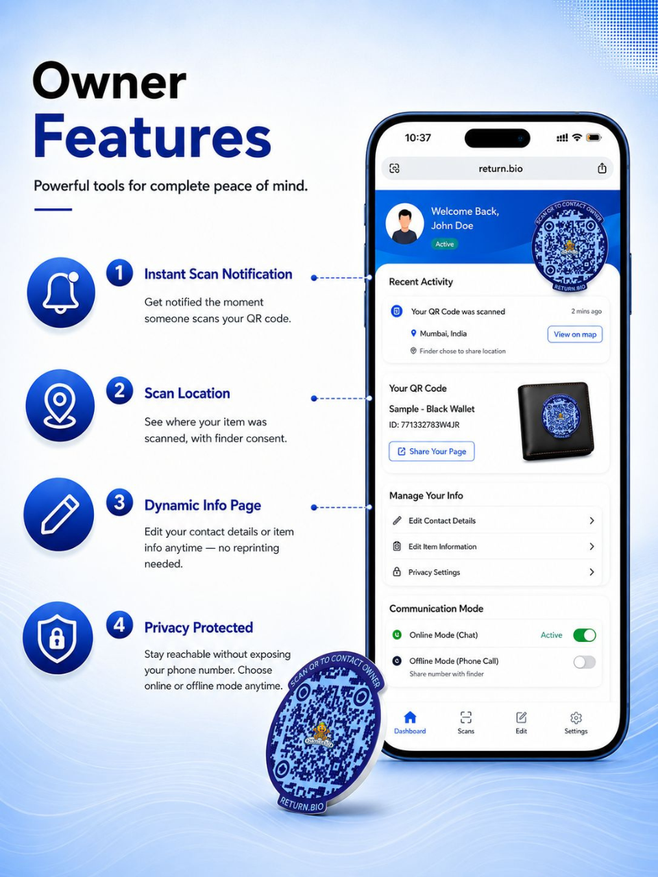 Blue Berry | Global Lost & Found recovery Smart QR stickers for every day essentials like Laptops, Phones, Wallets, Passport (Pack Of 8)