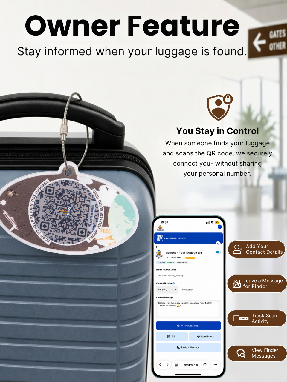 Smart Luggage Tag with QR Owner ID | Supports Global Lost & Found Recovery – Travel Themed - Brown (Pack of 2)