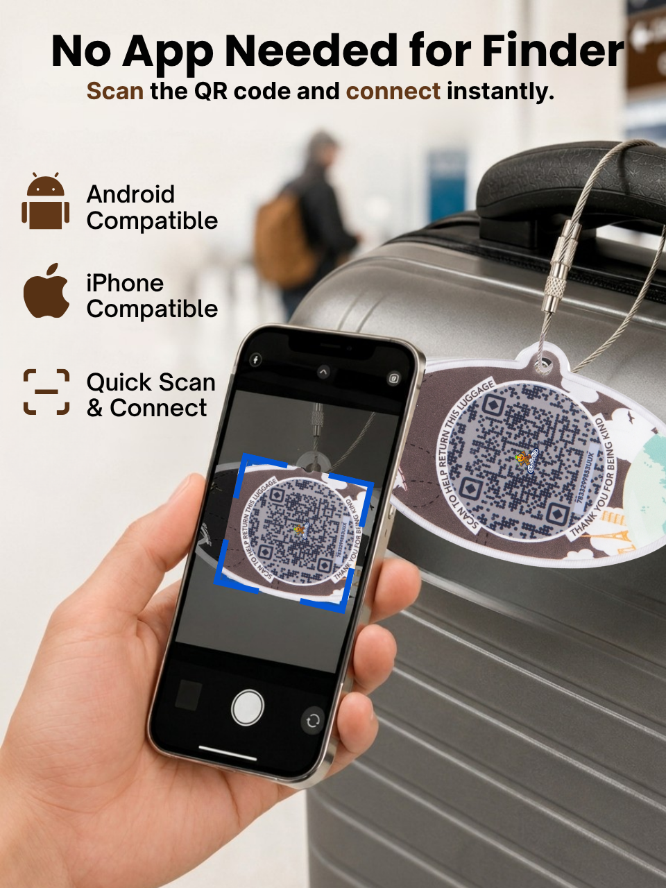 Smart Luggage Tag with QR Owner ID | Supports Global Lost & Found Recovery – Travel Themed - Brown (Pack of 2)