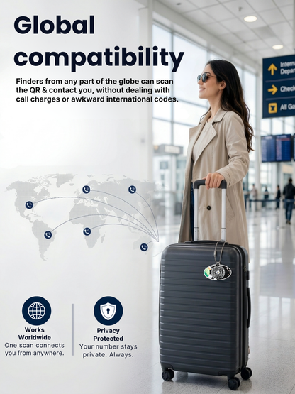 Smart Luggage Tag with QR Owner ID | Supports Global Lost & Found Recovery – Travel Themed - Black  (Pack of 2)