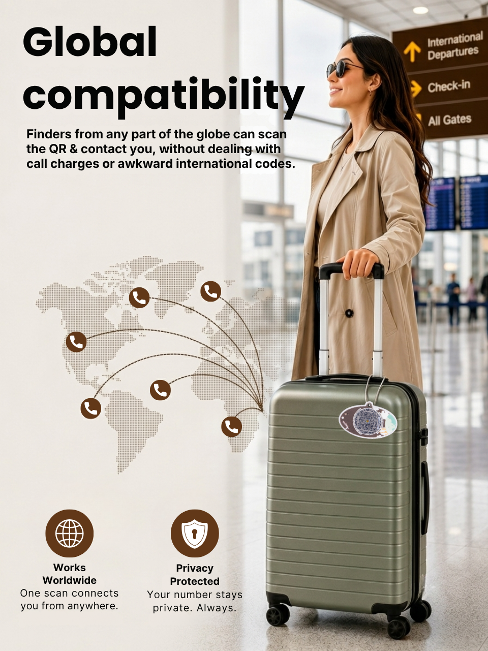 Smart Luggage Tag with QR Owner ID | Supports Global Lost & Found Recovery – Travel Themed - Brown (Pack of 2)