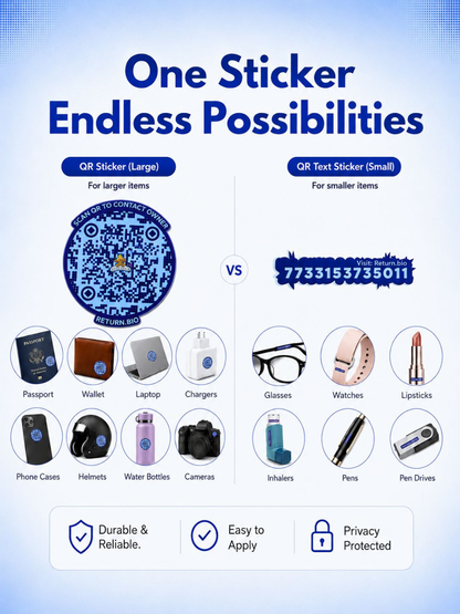 Blue Berry | Global Lost & Found recovery Smart QR stickers for every day essentials like Laptops, Phones, Wallets, Passport (Pack Of 8)