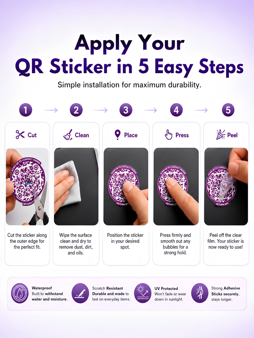 Smart QR Contact Permanent stickers to protect all your valuables like Passport, Electronics, Phones, Wallets (Pack of 8) | Supports Global Lost & Found Recovery