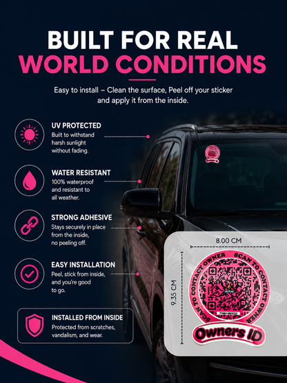 Smart Owners ID QR Car Sticker - Expression Design - Pink (Inside Windshield) | Double-Sided QR Code | Scan to Contact Owner Without Phone Number | Emergency Contact & Vehicle Info Tag