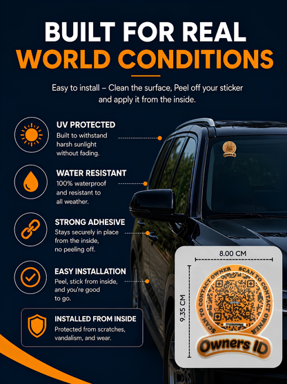 Smart Owners ID QR Car Sticker - Playful Design - Orange (Inside Windshield) | Double-Sided QR Code | Scan to Contact Owner Without Phone Number | Emergency Contact & Vehicle Info Tag