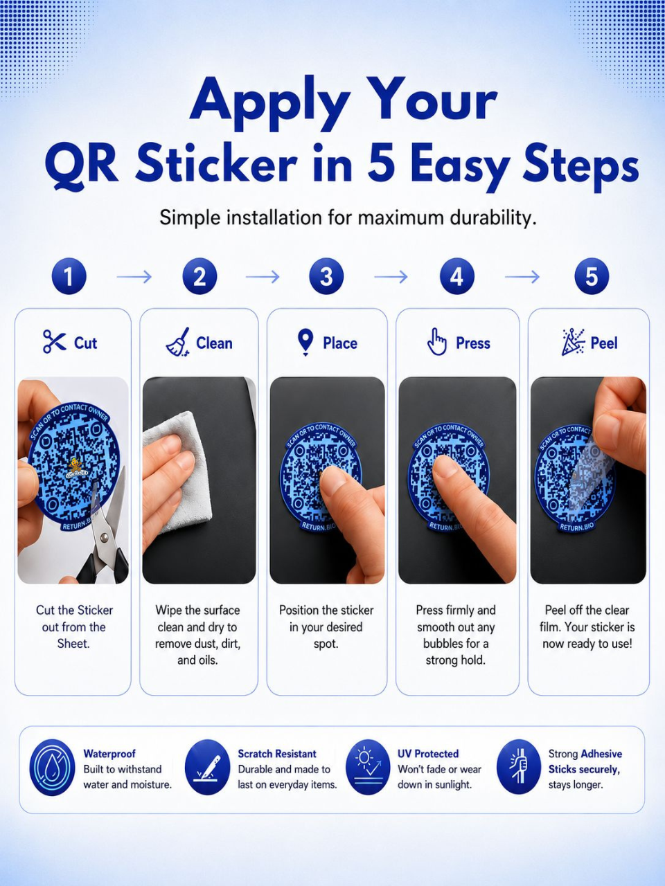 Blue Berry | Global Lost & Found recovery Smart QR stickers for every day essentials like Laptops, Phones, Wallets, Passport (Pack Of 8)