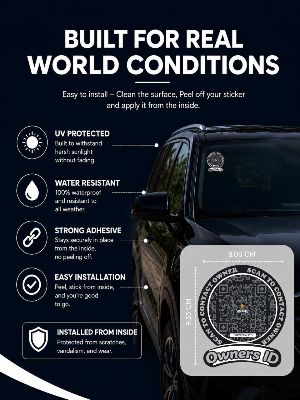 Smart Owners ID QR Car Sticker - Stealth Design (Inside Windshield) | Double-Sided QR Code | Scan to Contact Owner Without Phone Number | Emergency Contact number Sticker & Vehicle Info Tag