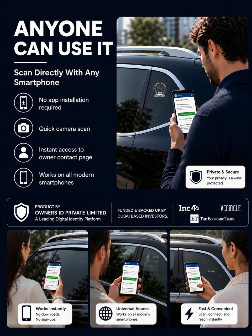 Smart Owners ID QR Car Sticker - Stealth Design (Inside Windshield) | Double-Sided QR Code | Scan to Contact Owner Without Phone Number | Emergency Contact number Sticker & Vehicle Info Tag