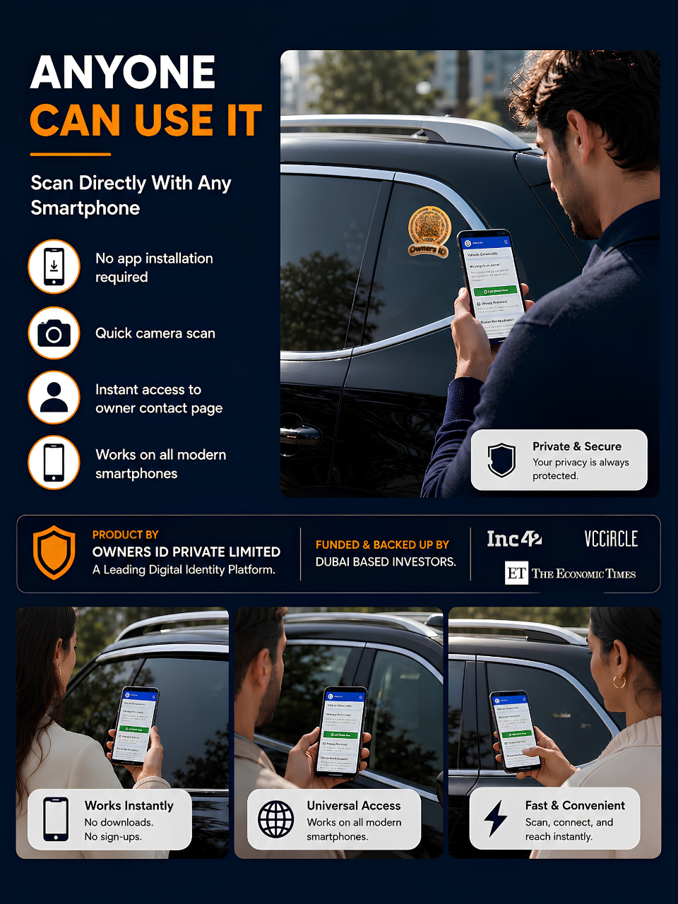 Smart Owners ID QR Car Sticker - Playful Design - Orange (Inside Windshield) | Double-Sided QR Code | Scan to Contact Owner Without Phone Number | Emergency Contact & Vehicle Info Tag