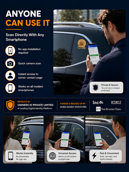 Smart Owners ID QR Car Sticker - Playful Design - Orange (Inside Windshield) | Double-Sided QR Code | Scan to Contact Owner Without Phone Number | Emergency Contact & Vehicle Info Tag