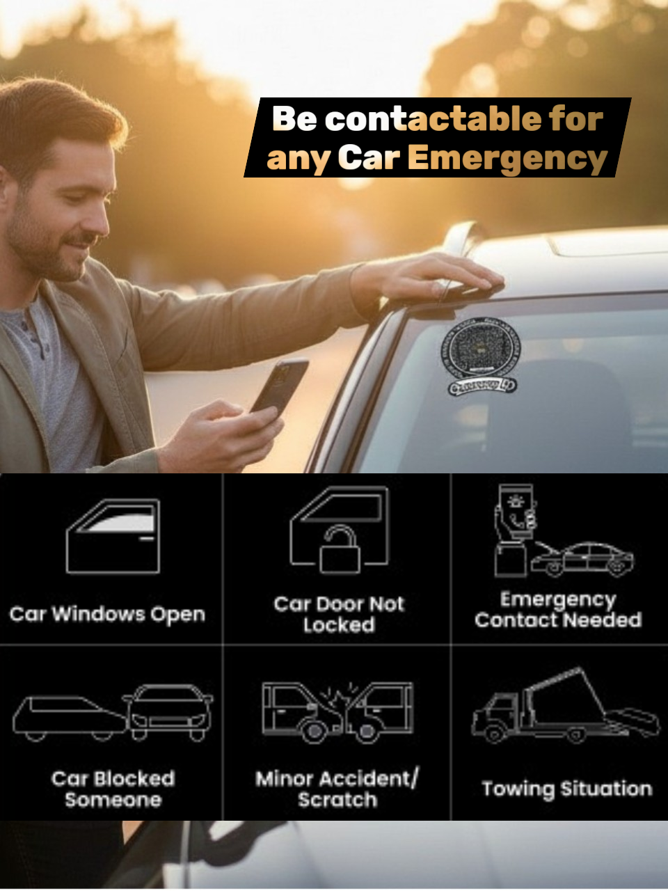 Smart Owners ID QR Car Sticker - Stealth Design (Inside Windshield) | Double-Sided QR Code | Scan to Contact Owner Without Phone Number | Emergency Contact number Sticker & Vehicle Info Tag