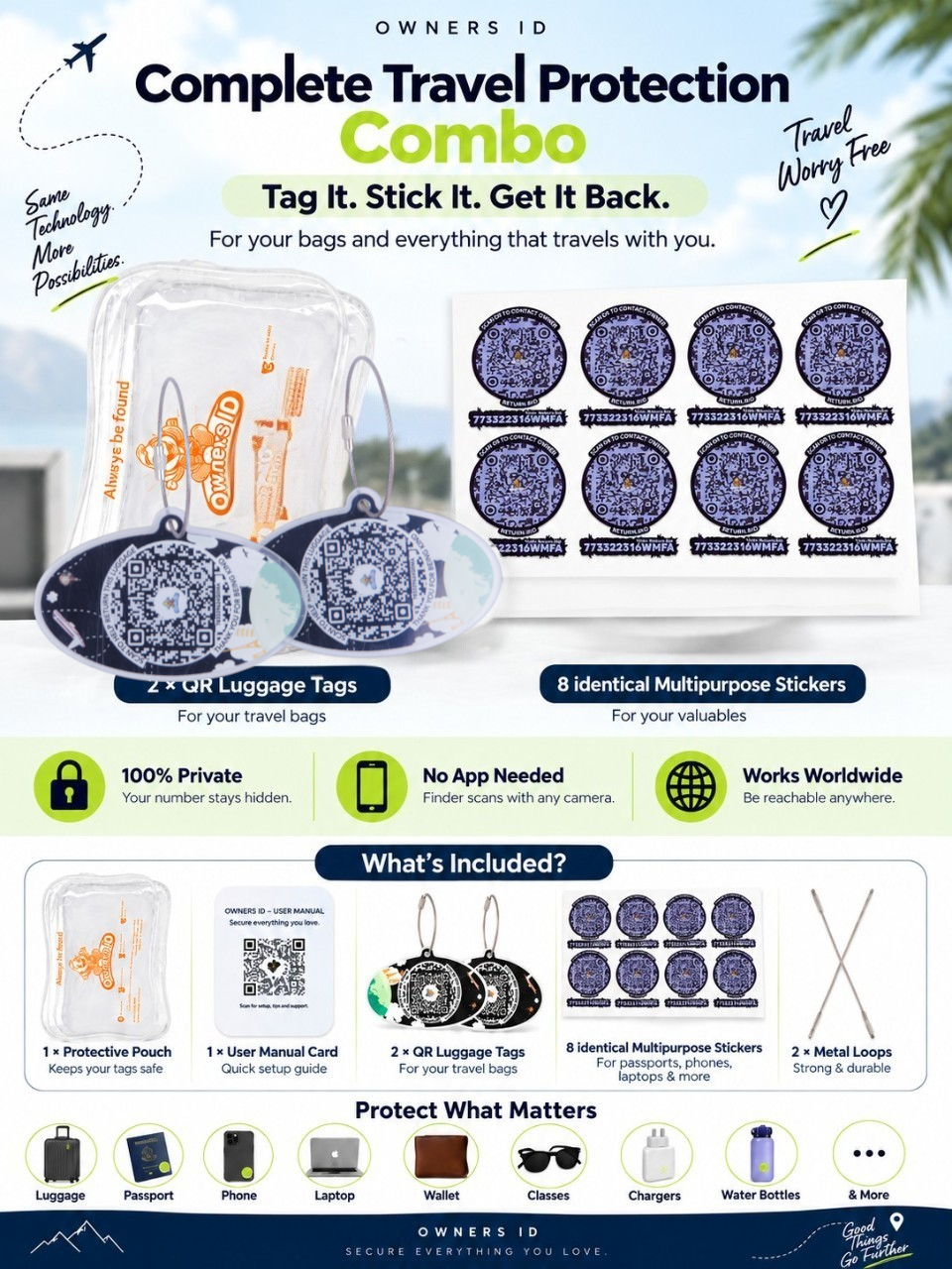 Travel Protection Combo (Solo) - Black Luggage Tag + 8 Identical Multipurpose Sticker