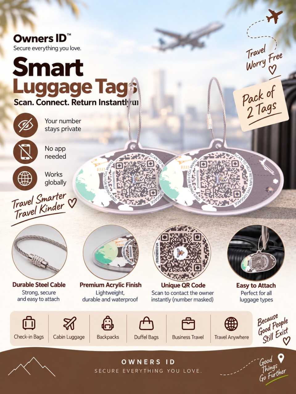 Travel Protection Combo (Solo) - Brown Luggage Tag + 8 Identical Multipurpose Sticker