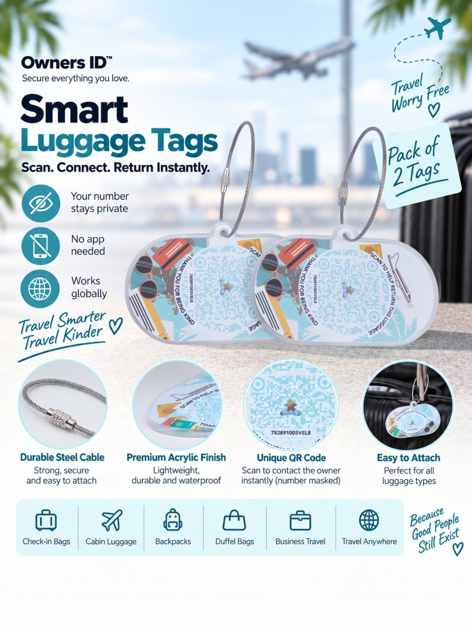 Travel Protection Combo (Solo) - Teal Luggage Tag + 8 Identical Multipurpose Sticker