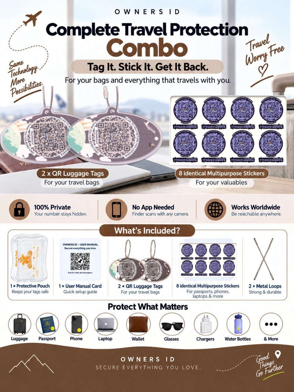 Travel Protection Combo (Solo) - Brown Luggage Tag + 8 Identical Multipurpose Sticker
