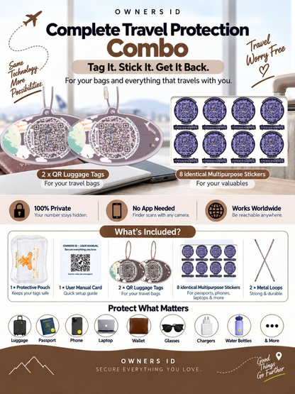 Travel Protection Combo (Solo) - Brown Luggage Tag + 8 Identical Multipurpose Sticker