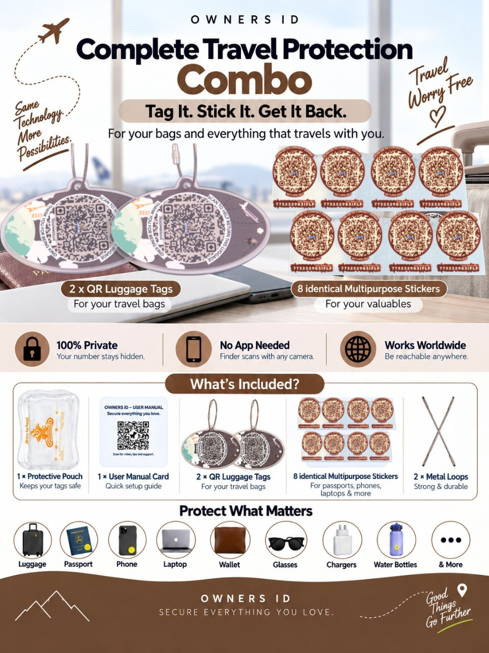 Travel Protection Combo (Solo) - Brown Luggage Tag + 8 Identical Multipurpose Sticker