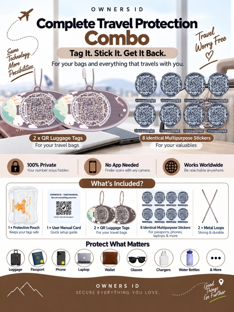 Travel Protection Combo (Solo) - Brown Luggage Tag + 8 Identical Multipurpose Sticker